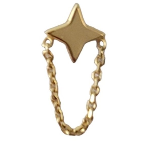 14K Yellow Gold 4 Point Star With Chain Dangle One Post Earring, E116 - Picture 1 of 11